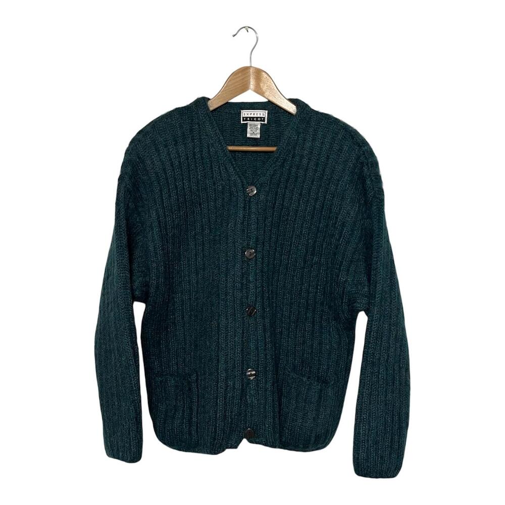 Vintage Express Tricot Cardigan Sweater Womens Medium Green Mohair Kurt Cobain